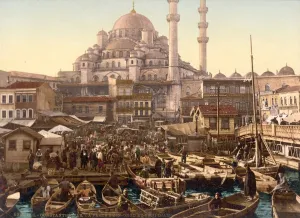Yeni Prints: Yeni Cami mosque and Eminonu bazaar, Constantinople, Turkey