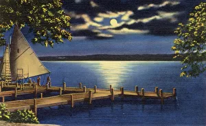 Ymca Prints: YMCA college camp, moonlight on Lake Geneva, Wisconsin, USA Date: 1936