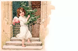 Young angel with tree on a Christmas postcard