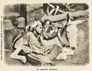 Snooze Prints: Young Blind boy asleep with his mule