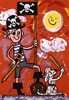 Naive Collection: Young boy and his dog play pirates