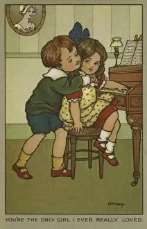 Children Gallery: Young boy hugs a girl at the piano by Florence Hardy