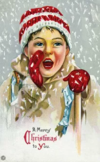 Images Dated 25th April 2019: Young boy shouts out Merry Christmas through the snow