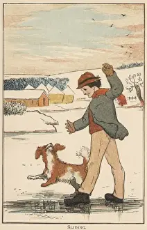 Diary Prints: Young boy sliding on the ice with his dog
