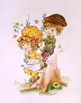 Stump Prints: Young children sitting on a tree stump