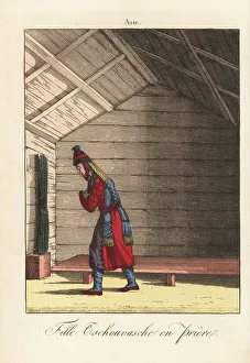 Bark Prints: Young Chuvash woman at prayer in a cabin, 18th century