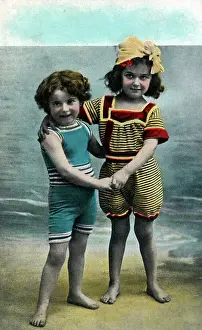Two Young Edwardian Children, striped bathing costumes