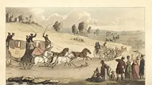 Harlequin Prints: Young English gentlemen racing four-horse carriages