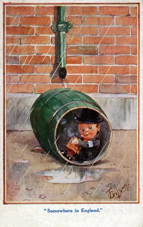 Shower Collection: A young English lad takes shelter in a barrel from the rain