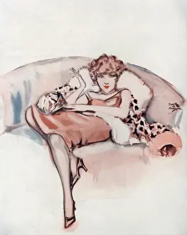 Reclines Prints: A young flapper woman reclining on a snow leopard pelt