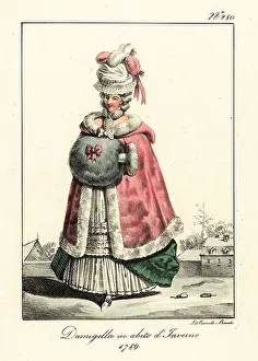 Fashion Plate Prints: Young French woman in winter costume, era of Marie Antoinette, 1