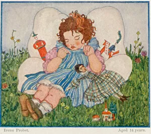 Irene Collection: Young girl asleep surrounded by her toys by Irene Probst