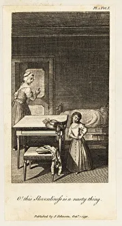 Morality Prints: A young girl cries over a dirty bonnet in a room