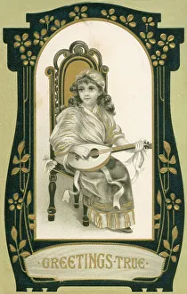 Embossed Prints: Young girl in an elegant high-backed chair playing a lute