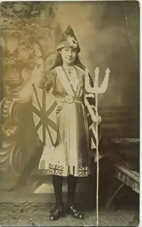 Trident Prints: A young girl in a fabulously patriotic fancy dress costume as Britannia. Date: 1910s