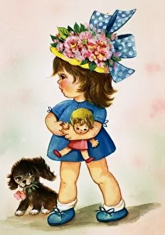 Images Dated 8th June 2007: Young girl in flowery hat with doll and puppy