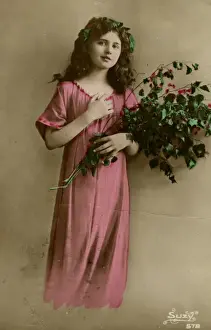 Bunch Prints: Young girl in a pink dress with leaves and flowers