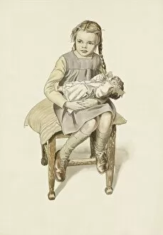 Pig Tails Collection: Young girl sits on a stool with a doll