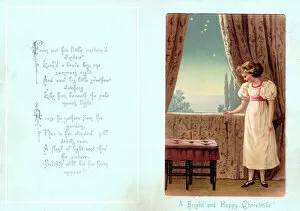 Verse Collection: Young girl standing at a window on a Christmas card