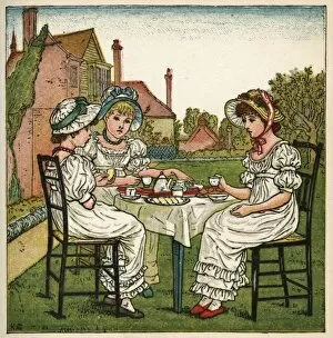 Images Dated 7th December 2011: Three young girls having a tea party