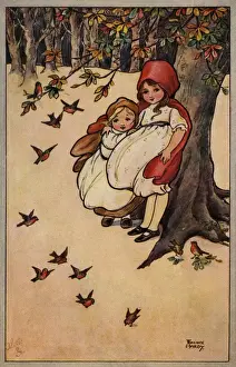 Autumnal Prints: Young girls in red cloaks