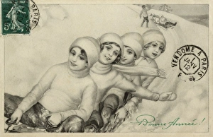 Images Dated 12th April 2012: Four young girls tobogganing