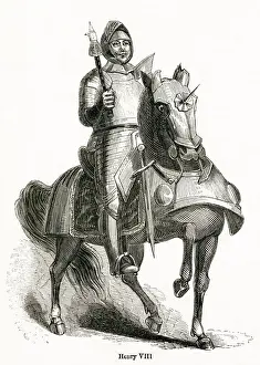 Tudor Prints: Young Henry VIII (1491 - 1547), wearing full armour on horseback. Date: circa 1530s