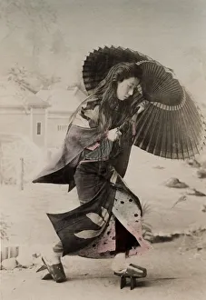 Geisha Prints: Young Japanese woman, with umbrella and hair down