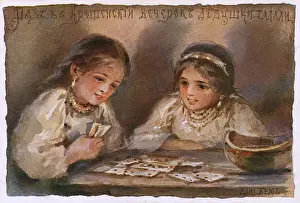 Jewish Prints: Two Young Jewish girls play cards - Christmas Eve - Russia