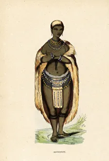 Young Khoikhoi woman in fur cape, beaded skirt, anklets, necklac