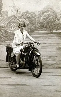 Engined Prints: Young lady on a 1928 / 9 veteran JAP engined motorcycle