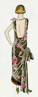 Backless Prints: Young lady in backless evening gown by Premet
