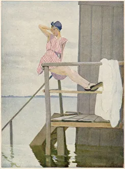 A young lady displays her legs on the platform of her beach cabin. Date: 1916 A young lady displays her legs on the platform of her beach cabin. Date: 1916