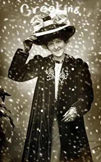 Snowing Prints: Young lady - large bow-festooned hat and elegant velvet coat