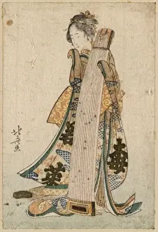 Koto Prints: Young maiden holding a zither (koto)