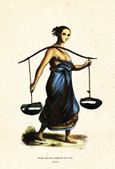 Young Malay woman carrying pales of water with a yoke