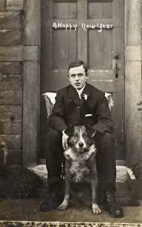 Buttonhole Prints: Young man with dog outside a building