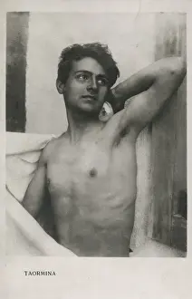 Handsome Prints: Young Man dries himself off with a towel at Taormina, Sicily, Italy. Date: 1939