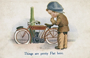 Images Dated 20th February 2017: Young man and motorcycle on a comic postcard