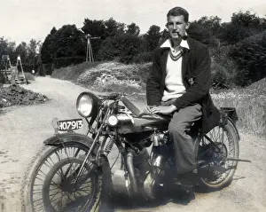 Turn Prints: Young man on a special 1920s vintage motorcycle, early 193
