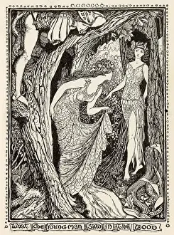 Woodlands Prints: The young man spies upon two wood nymphs who danced by night in the forest. (German story)