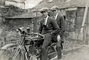 Sunbeam Collection: Two young men on a 1921 Sunbeam motorcycle