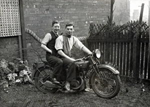 Two young men on 1929 Royal Enfield motorcycle