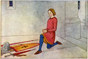Images Dated 20th April 2020: A Young soldier prays the night before becoming a Knight