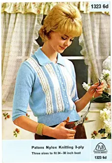 Nylon Prints: Young woman in a blue and white knitted top