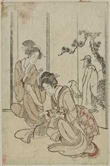 Sage Prints: Young woman braiding a cord before a screen depicting the Ch