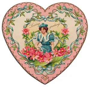 Young woman on a heart-shaped Valentine card