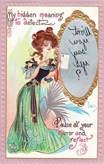 Young woman with mirror on a novelty postcard Young woman with mirror on a novelty postcard