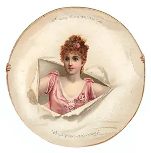 Tearing Prints: Young woman in pink on a Christmas card