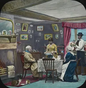 Prepares Prints: Young woman prepares a hot meal for her parents